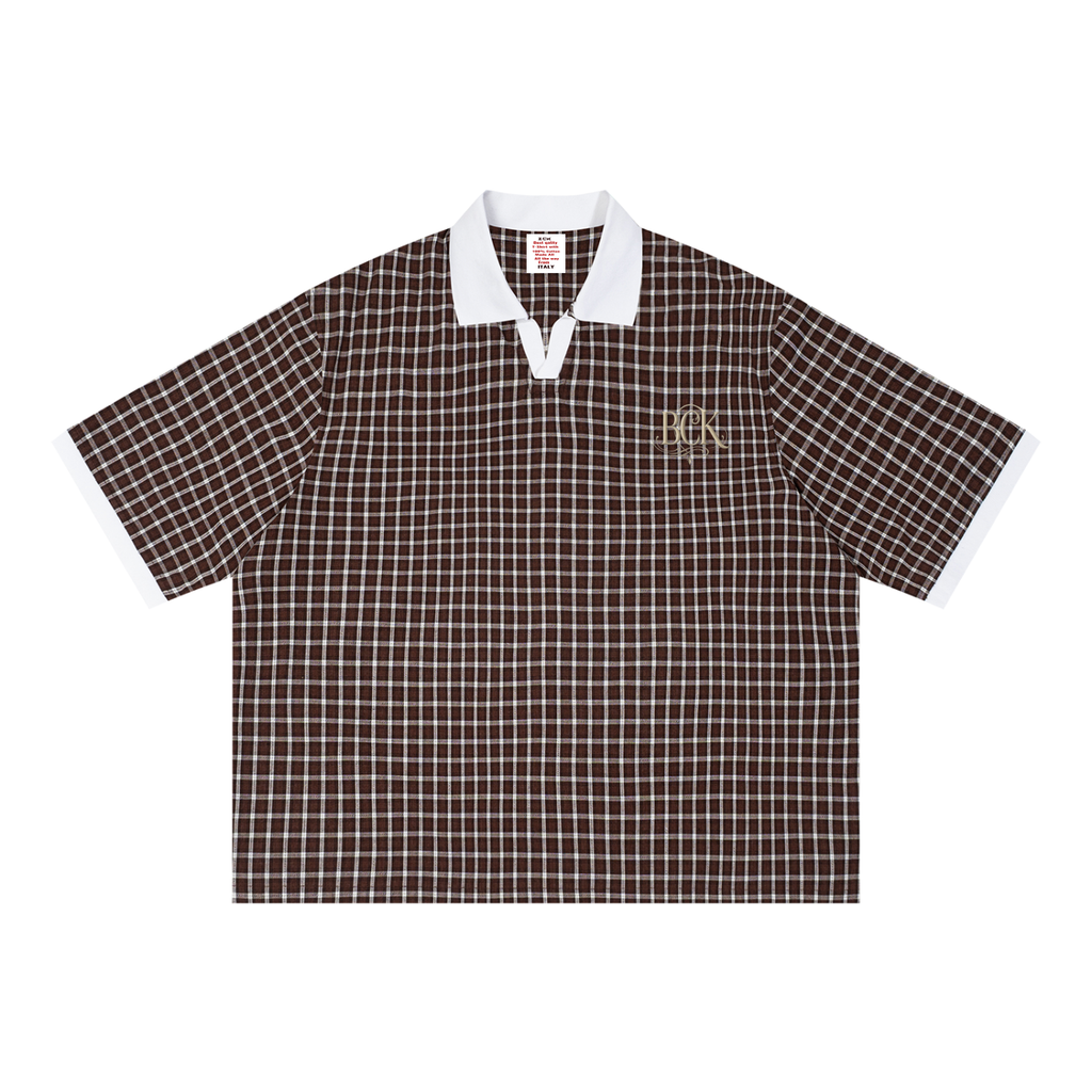 Unisex Boxy Plaid Color Block Polo Shirt