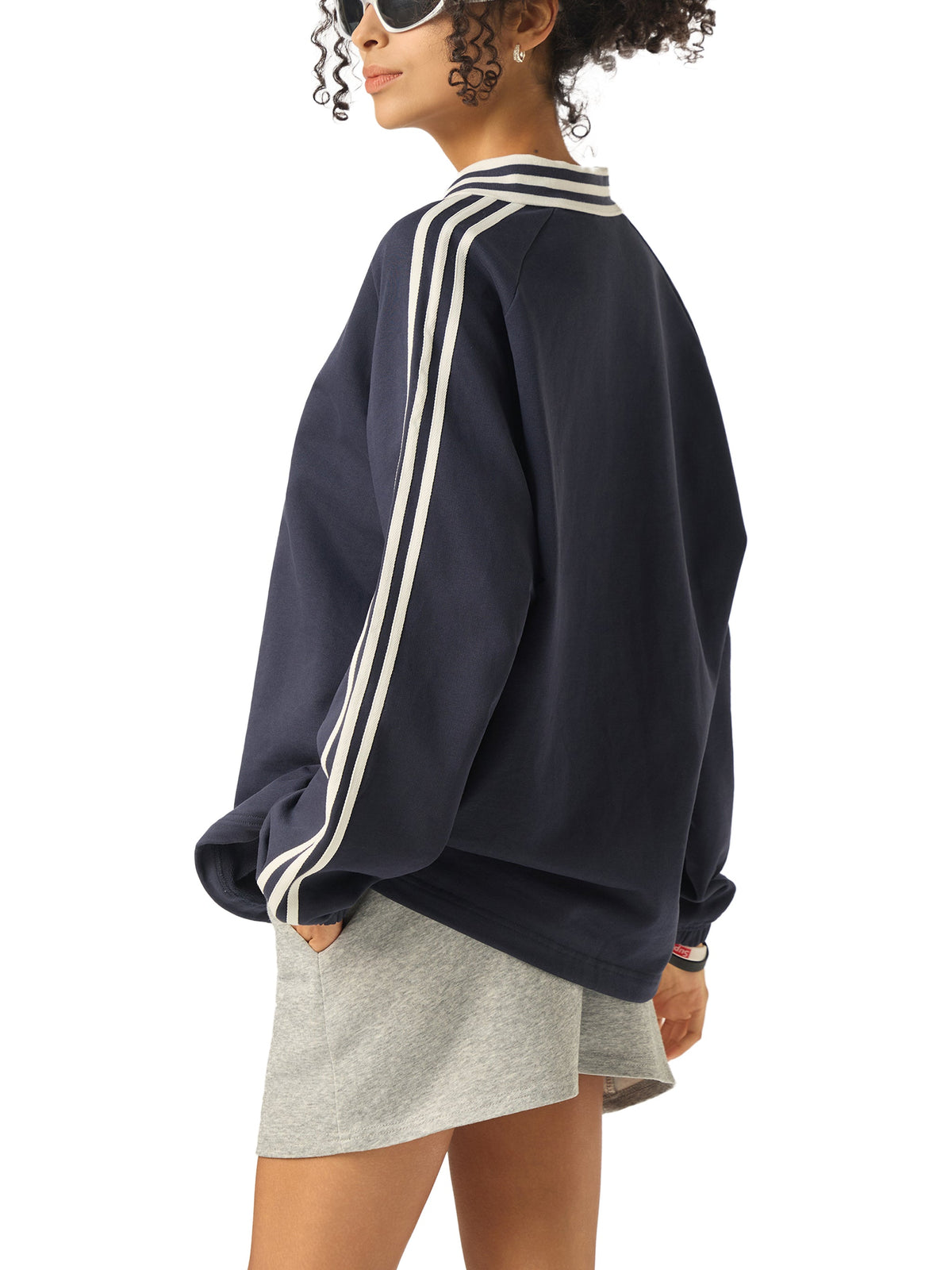 Contrast Striped Lapel Collar Sweatshirt