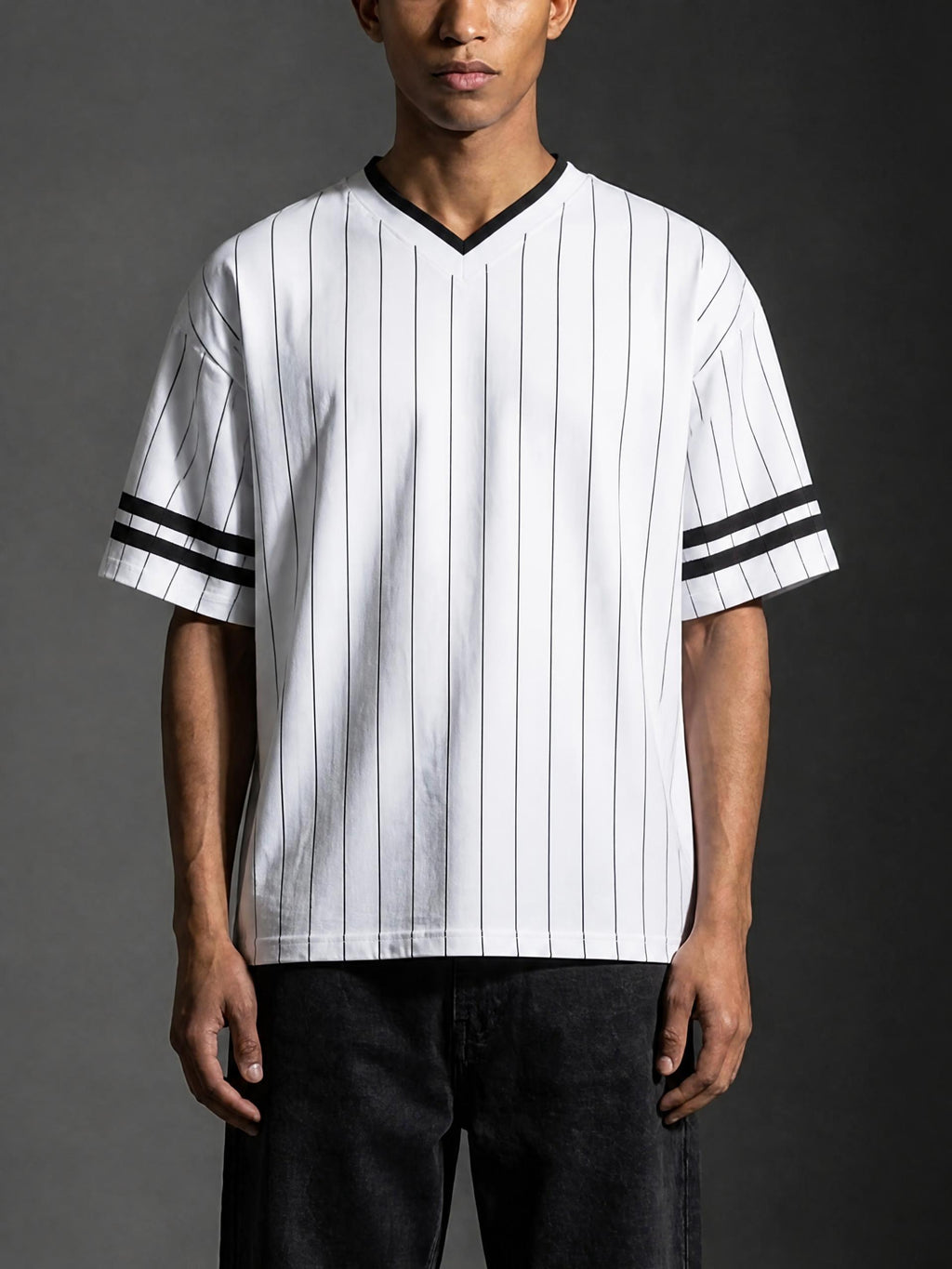 Unisex Striped Loose V-Neck T-Shirt