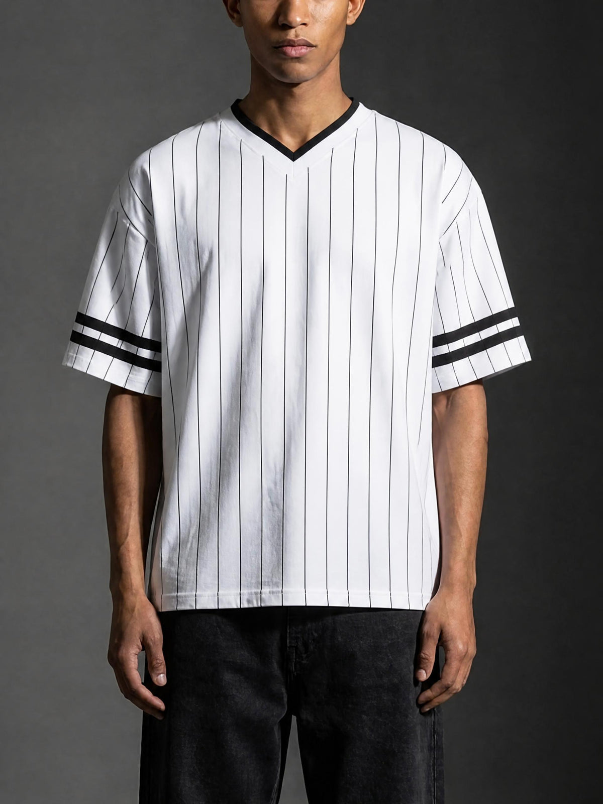 Unisex Striped Loose V-Neck T-Shirt
