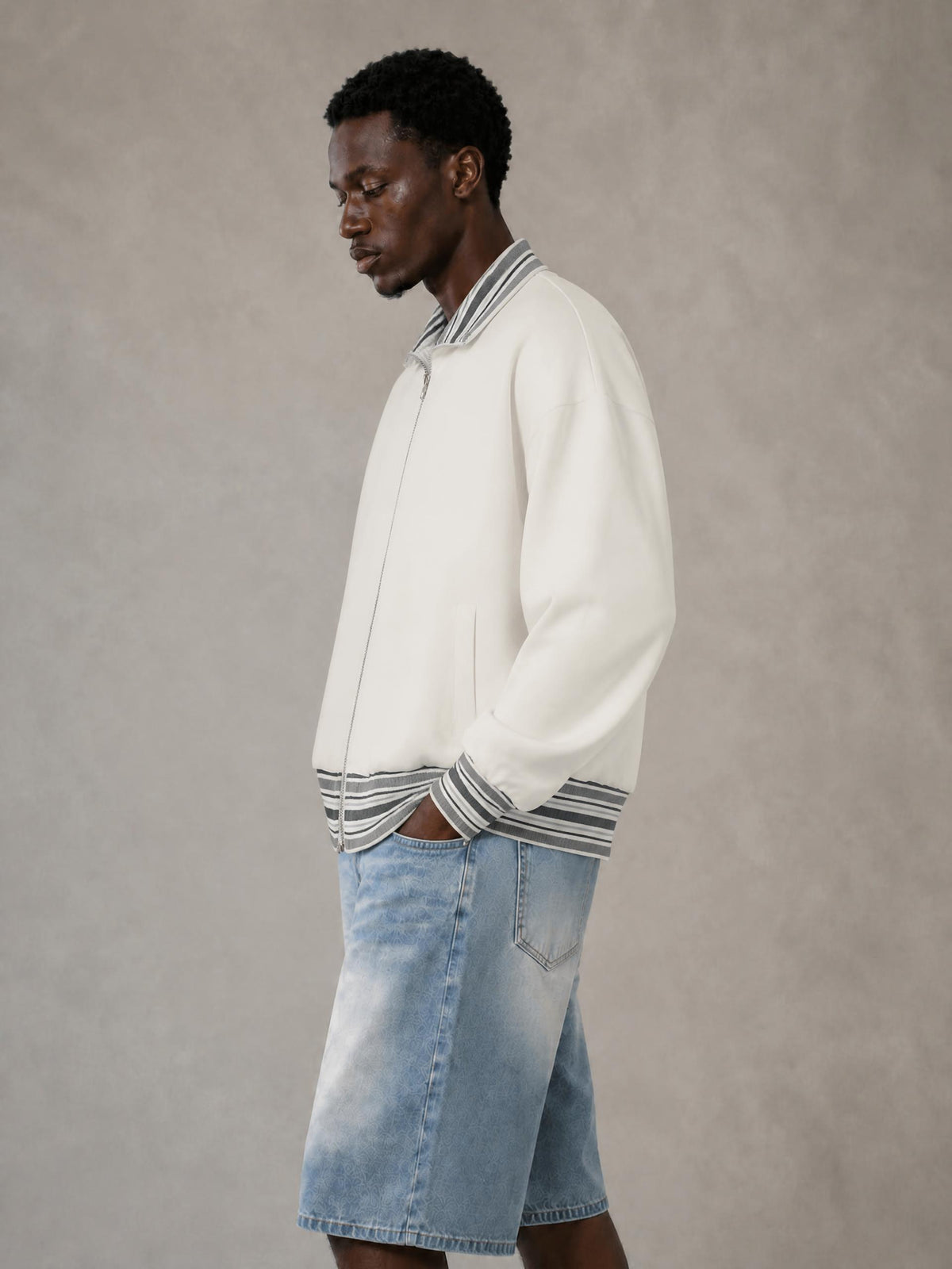 Striped Rib Collar Zip Jacket