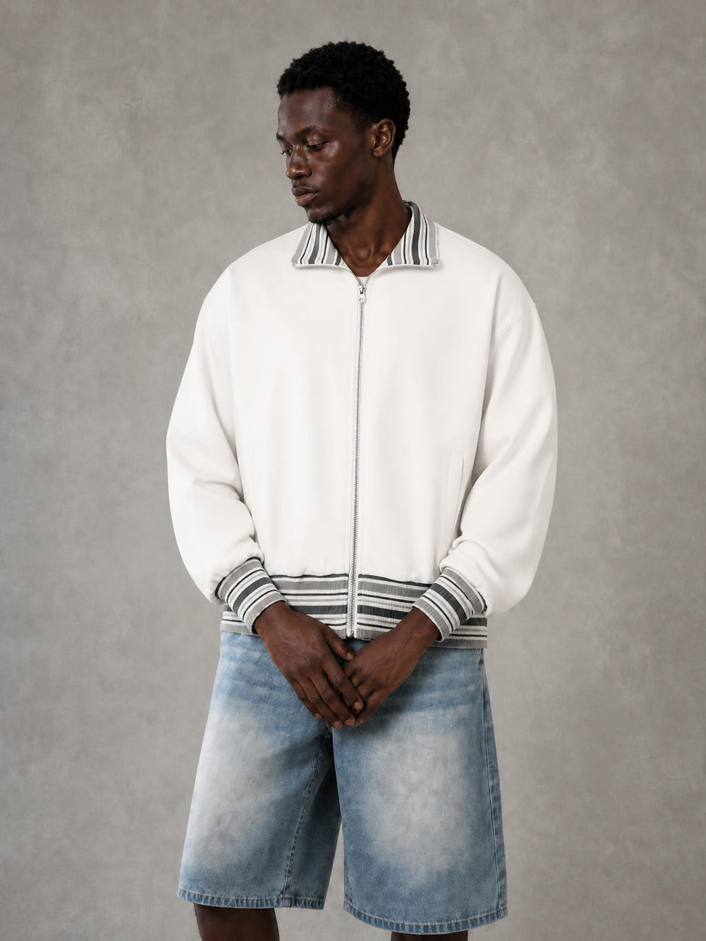 Striped Rib Collar Zip Jacket