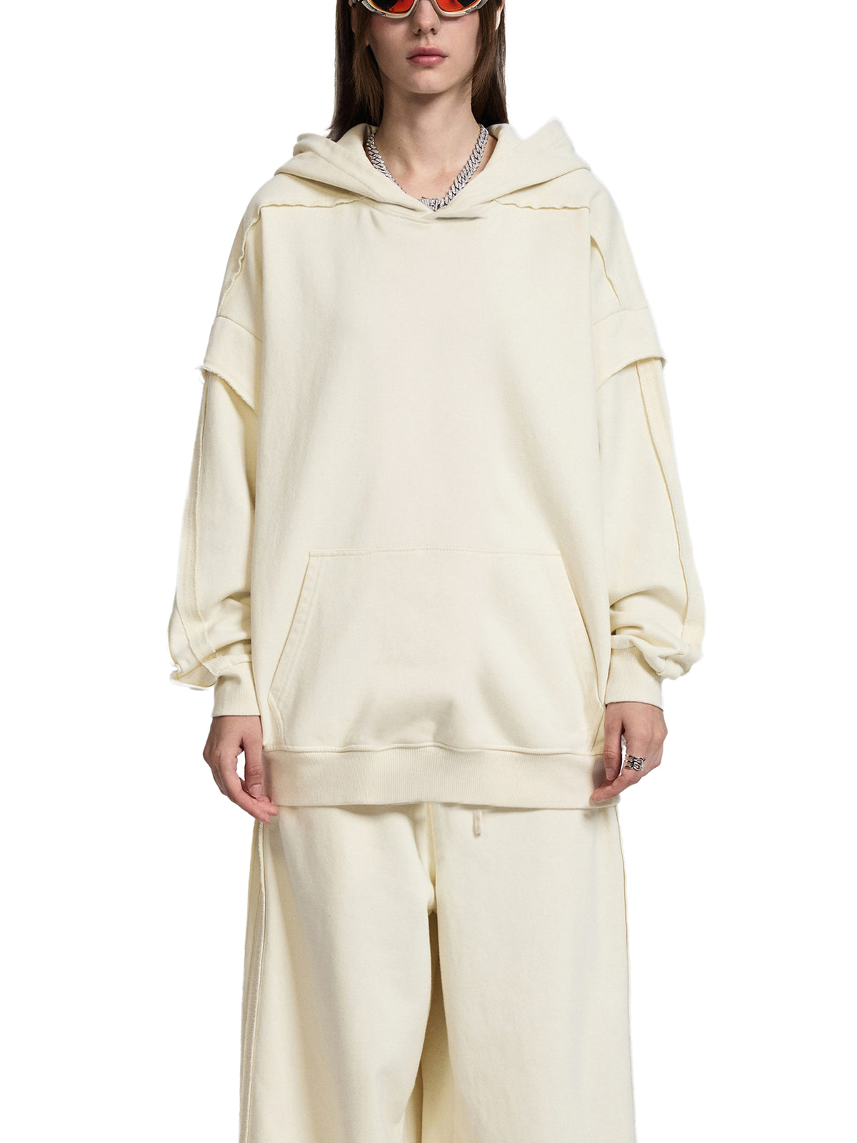 Contrast Tape Raw Edge Double Layered Hoodie